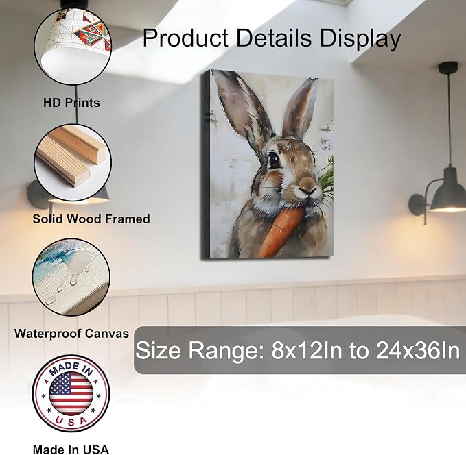 Rabbit Eating Carrot Framed Canvas Wall Art, Vintage Bunny Portrait Canvas Prints, Easter Rabbit Artwork for Living Room, Animal Painting Bedroom Office Bathroom Wall Decor