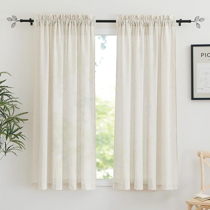 RYB HOME Linen Sheer Curtains 2 Panels for Living Room, Semi Transparent Privacy Drapes with Rod Pocket Farmhouse Style Window Treatments for Bedroom, Linen, 38" W x 63" L