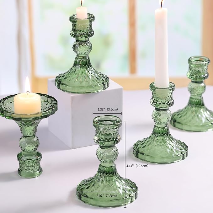 Glass Candle Holder Set of 12, Green Taper Candle Holders Bulk | Vintage Candlestick Holders, Candle Stick Holder for Table Centerpieces, Wedding, Festival & Home Decor