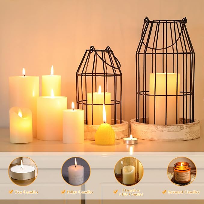 Rustic Wire Metal Cloche Set of 2 Candle Lantern Decorative Indoor Outdoor Vintage Cage Candle Holders Modern Farmhouse Decor for Fireplace Mantle Entryway Living Room Kitchen Dining Table Centerpiece
