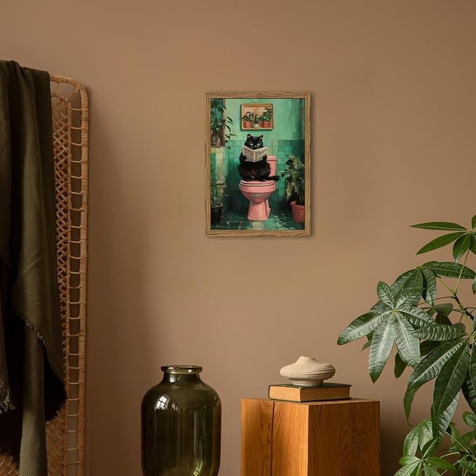 Funny Bathroom Cat Wall Art, Humorous Black Cat Restroom Wall Decor Paintings, Funky Animal on Toilet Reading Newspaper Canvas Prints Artwork 12x16 inch Wood Framed