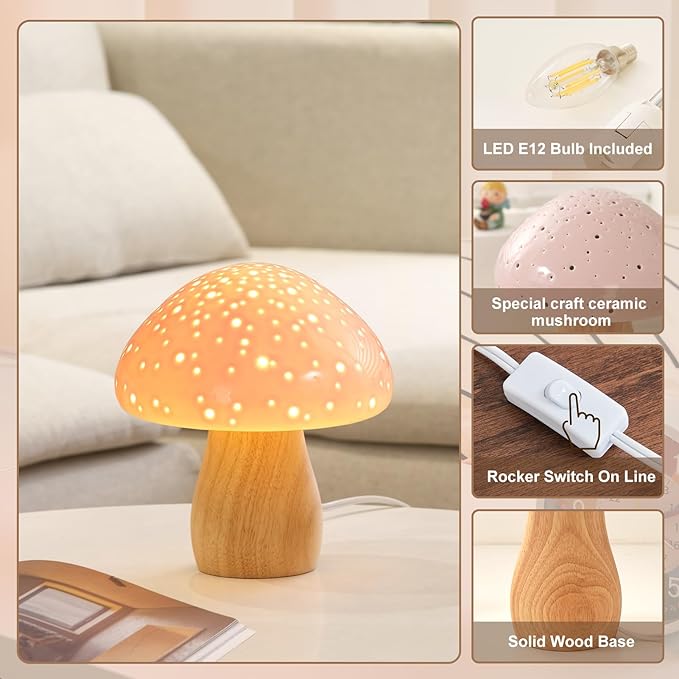 BOHON Mushroom Lamp Ceramic Bedside Table Lamp, Pink