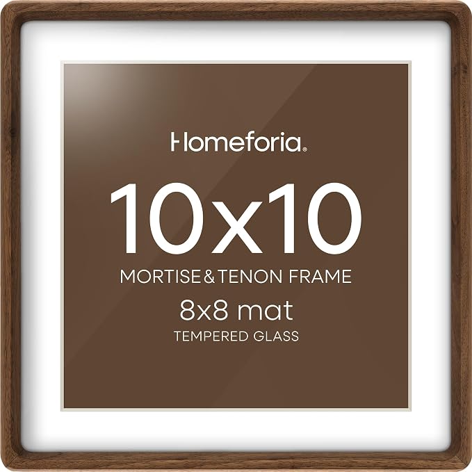Homeforia 10x10 Mortise&Tenon Walnut Picture Frame, 8x8 Mat, Glass