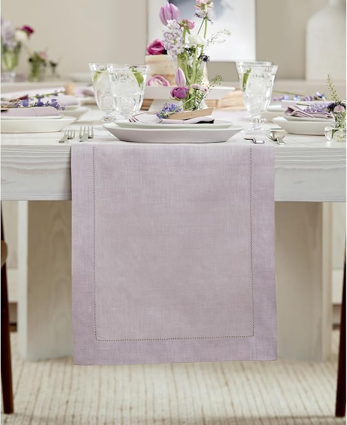 Solino Home 100% Linen Table Runner Lilac, Classic Hemstitch 14 x 156 in | dresses up dining tables for everyday meals, hemstitched border, mitered corners, machine washable, soft, OEKO-TEX Certified
