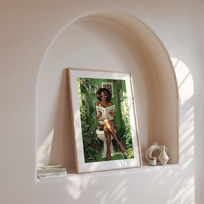 YUECOSHMAO African American Bathroom Decor Wall Art Dark Green Bathroom Mural Art Black Woman Reading in Green Botanical Toilet Poster Black Stylish Aesthetics Room Decoration 16X24 Inch Unframed