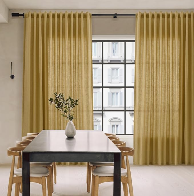 Extra Long Linen Curtains 120 Inches for Living Room Back Tab Semi Sheer High Floor to Ceiling 10ft Light Filtering Curtain Boho Farmhouse Decor Window Drapes for Bedroom 2 Panels Gold