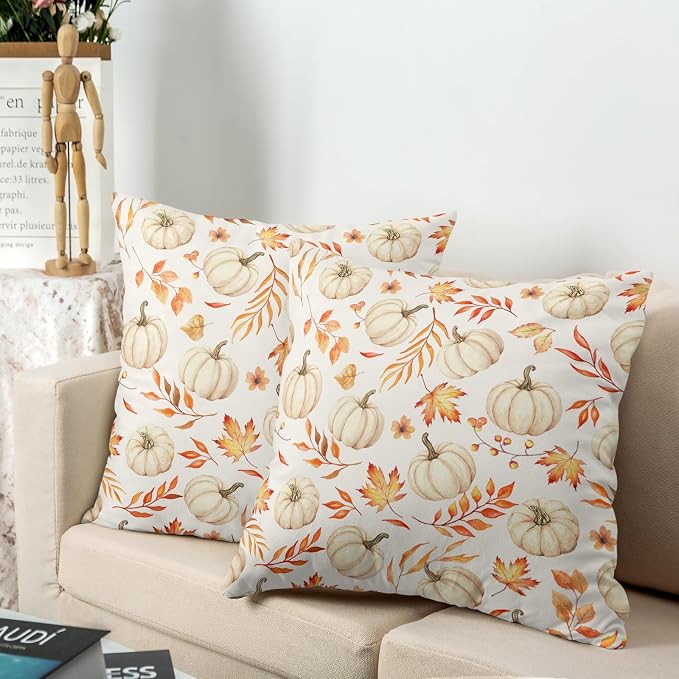 Fall Pillow Covers Autumn White Pumpkin Throw Pillow Covers Thanksgiving Harvest Pillow Cases 24x24 Maple Leaves Cushion Cases for Home Farmhouse Living Room Sofa Couch 2 Pack