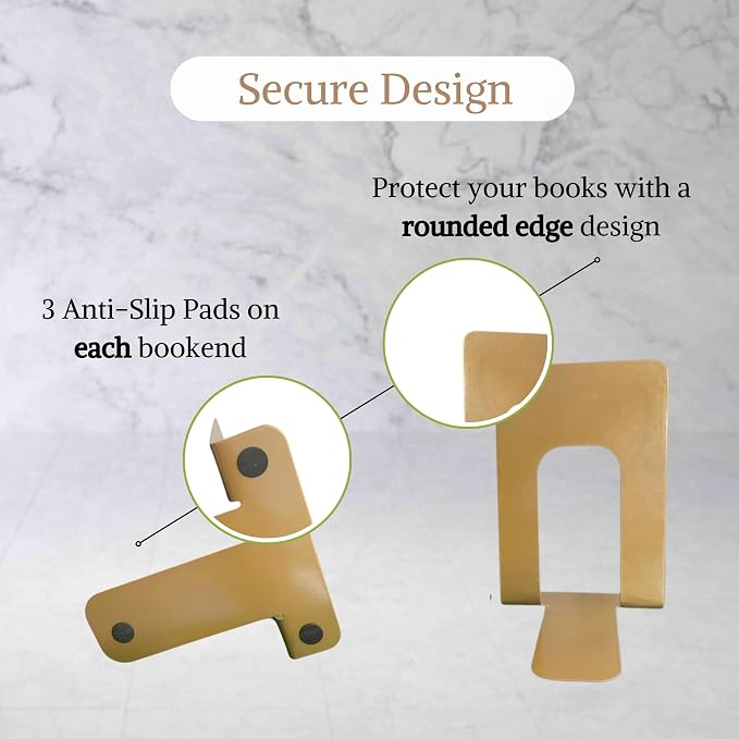Alessk Dark Matte Gold Metal Bookends for Shelves – Heavy Duty Decorative Bookends for Heavy Books – Modern Book Ends for Office Bookshelf- has 3 Non-Slip Pads at the Bottom – 4 Pairs (8 Pieces)