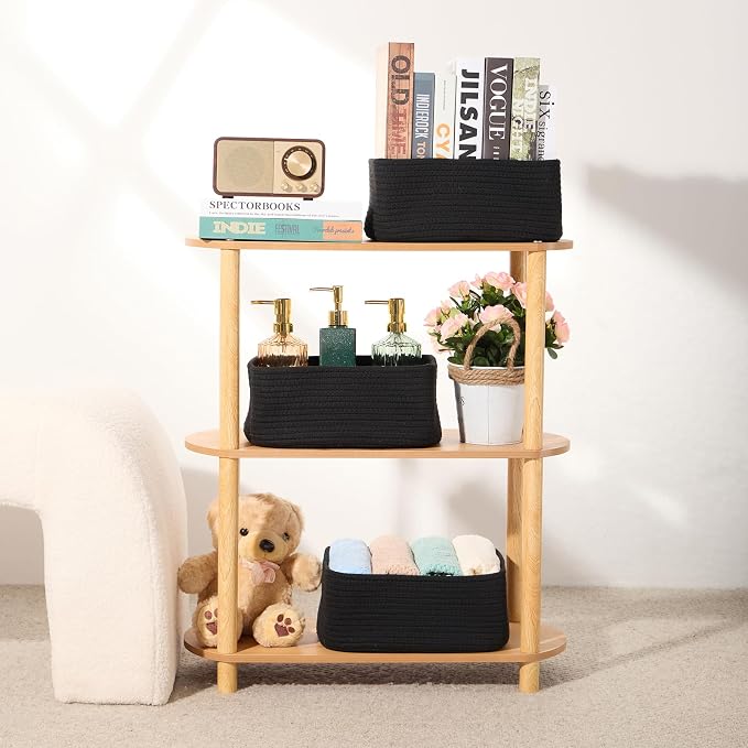 MiniArk Small Storage Baskets for Organizing | Closet Organizer Bins | Shelf Toy Basket | Woven Rope Baskets | Cube Decorative Box | Shallow Basket | 11.5x7.5x4.7” | 4 Packs Black