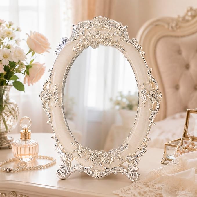 Vintage Vanity Makeup Mirror for Desk - Antique Small Table Decor, White | Art Nouveau Decorative with Stand, Frame for Tabletop Office Bedroom Furniture Room Bathroom Home Wall Dresser Accessories