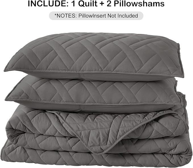 HORIMOTE HOME Quilt Set King Size Grey, Classic Geometric Diamond Stitched Pattern,Microfiber Ultra Soft Lightweight Bedspread Coverlet for All Season, 3 Piece Includes 1 Quilt and 2 Shams