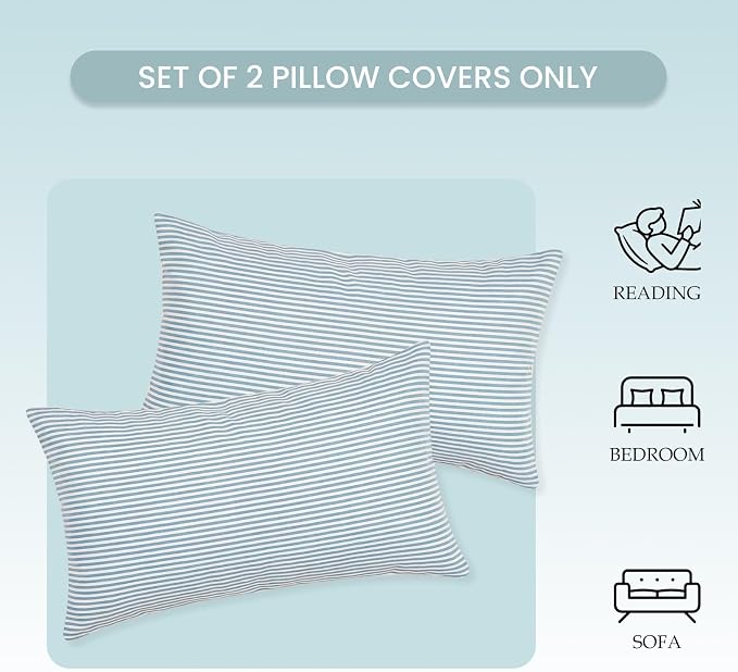 Farmhouse Light Dusty Blue Striped Lumbar Pillow Covers 12x20 Set of 2 | Soft Couch Lumbar Pillow Cover 12 x 20, Blue Aesthetic Room Decor, Outdoor Porch Patio Pillows, Neutral Throw Pillow Covers