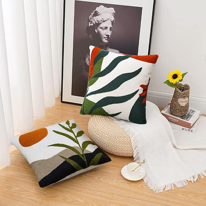 Merrycolor Boho Decorative Throw Pillow Covers 18x18 Tufted Abstract Mid Century Modern Pillow Covers Aesthetic Boho Pillows Decorative Pillows for Bed Couch Sofa Living Room Dark Green Orange（A）