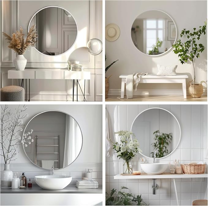 Round Mirror 28 inch, Round White Mirror, Matte White Metal Frame | High Definition Mirror, Rust-resistant, Easy Installation, Circular Mirrors for Living room Bedroom, Entrance, Restroom