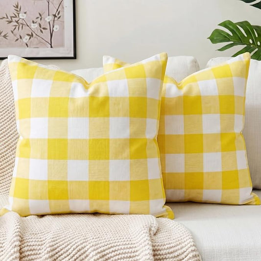Yellow and White Summer Outdoor Buffalo Plaid Pillow Covers 18x18 Set of 2, Yellow Outdoor Decorative Patio Throw Pillows 18 x 18, Buffalo Check Pillow Covers for Patio Furniture (No Pillow Inserts)