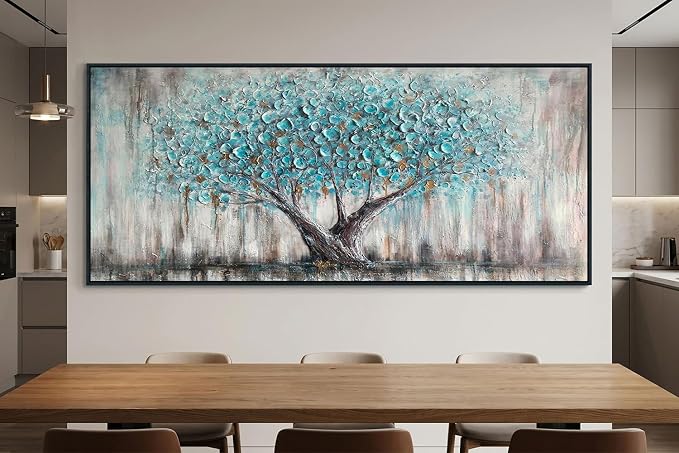 Arjun Framed Blue Tree Extra Large Tree of Life Canvas Wall Art 71"L x 32"W | Bedroom Hand Painted Textured Painting Living Room Nature Picture Oversize Panoramic Landscape Artwork Home Office Wall Decor