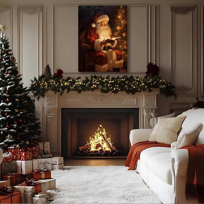 Santa Reading Book Christmas Wall Art 16x24in, Vintage Framed Canvas Prints Posters for Home Decor, Rustic Winter Painting for Christmas Wall Decor, Holiday Decoration Gifts for Bedroom