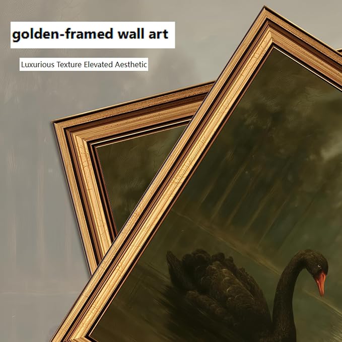 Vintage Gold Framed Wall Art Moonlit Black Swan Lake Wall Decor Picture Dark Academia Gothic Moody Poster Romantic Aesthetic Rustic Antique Print for Gallery Living Room Bedroom Home Decoration 12x16in