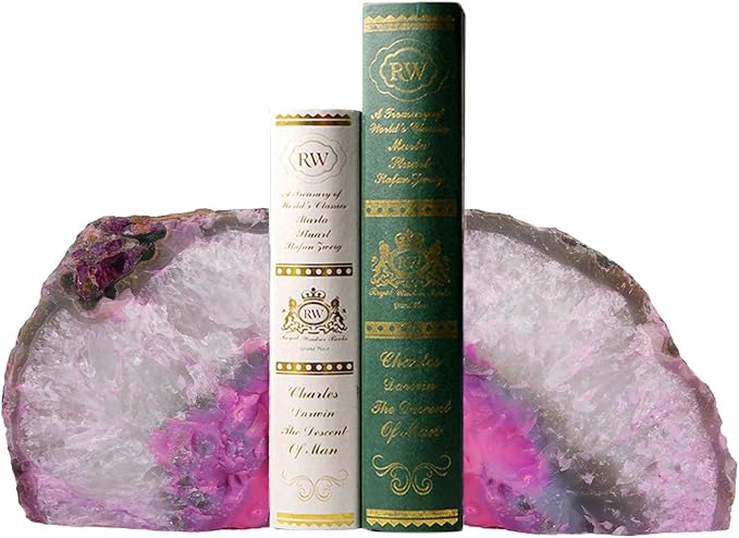 Agate Rock Bookend Heavy Duty Healing Crystal Stone Book Holders Decorative | Large Polished Stone Book Stoppers Supports Home Office Decor with Rubber Bumpers Dyed Pink 1 Pair, 4-6 LBS