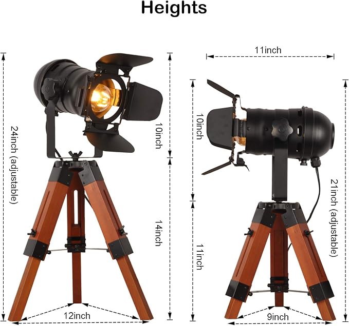 Vintage Adjustable Wood Tripod Floor Lamp for Living Room, Camera Small