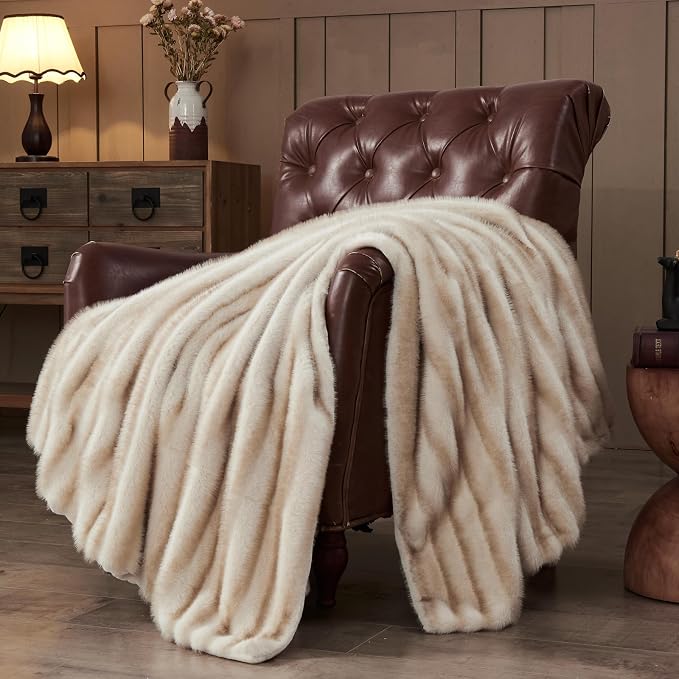 NEWCOSPLAY Faux Fur Thick Twin Blanket for Couch, Stripe Brown, 60"x80" | Luxury Fluffy Thick Warm Blanket for Couch Sofa Bed 1000GSM, Soft Plush Cozy Decorative Throw, Gift for Women Men