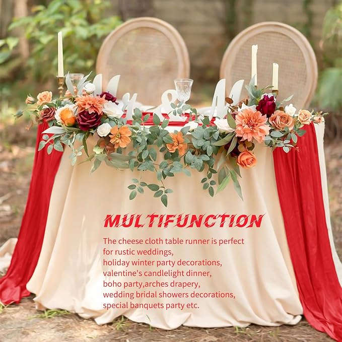 10 Pack Red Cheesecloth Table Runner 17x108 Inch Boho Gauze Cheese Cloth Table Runners for Wedding Party Baby Shower Birthday Home Decor