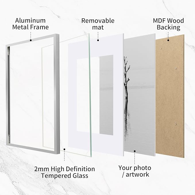 Fun Memories A2 Picture Frame Silver, High End Metal 16.5 x 23.5 Poster Frames for Wall, A2 Photo Frame with Mat A3, Tempered Glass, 1 Pack