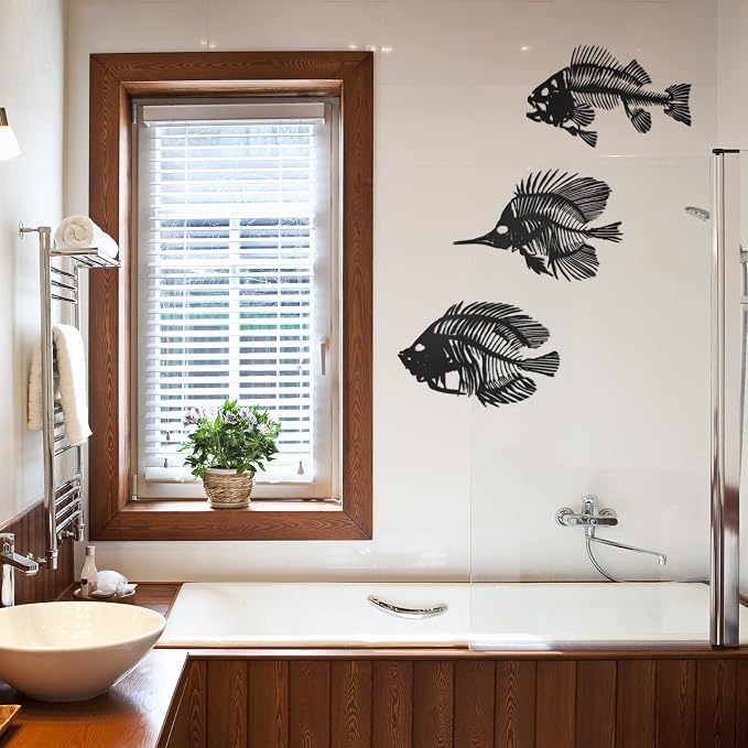 Zhengmy 3 Pcs Metal Fish Wall Art Fishing Wall Decor Hanging Metal Fish Bone Rustic Nautical Style Sign Plaque for Indoor Outdoor Office Home Bedroom Bathroom Living Room Window(Black)