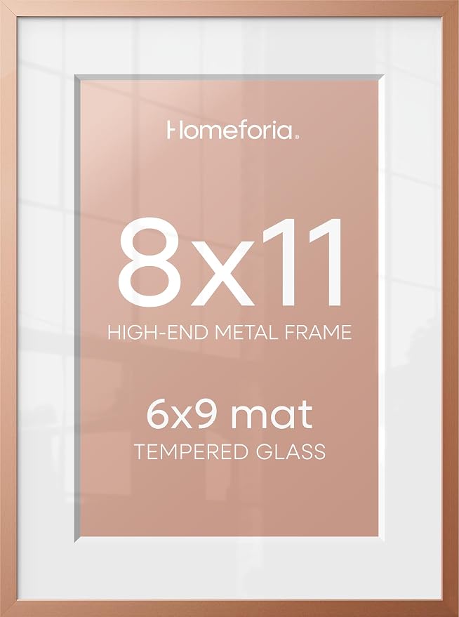Homeforia 8x11 Rose Picture Frame, High-End Metal, 6x9 Mat, Glass