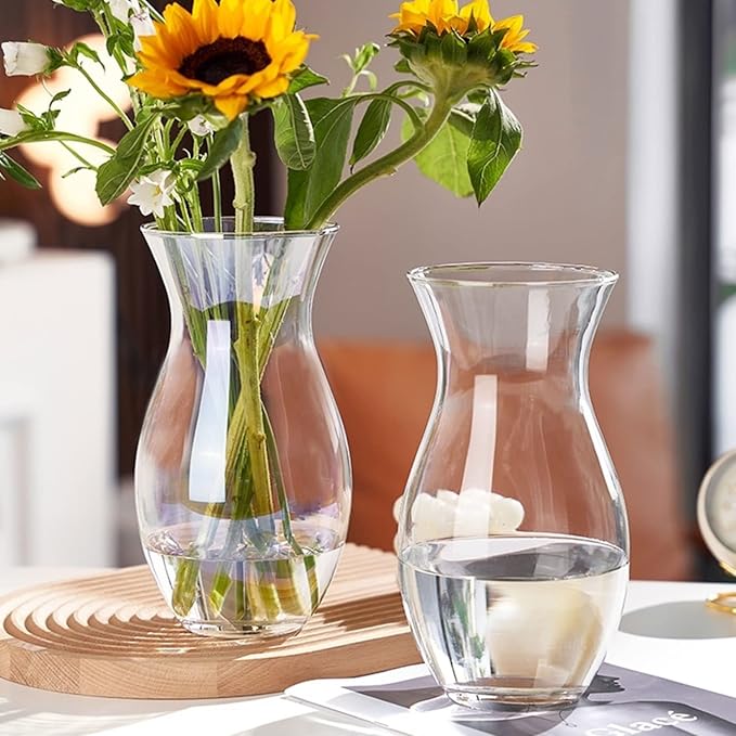 Clear Glass Vase for Flowers, 4.5" Dia 9" H Decorative Flower Vase | Wide Mouth Vase with Thickened Base, Modern Vase for Farmhouse, Glass Vase for Home Deocr, Centerpieces, Housewarming Gift