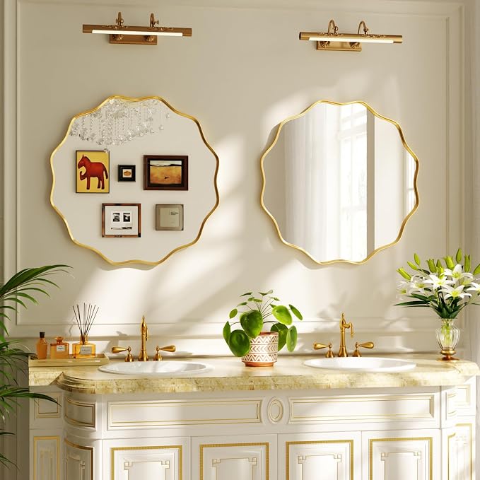 20" Decorative Scalloped Round Wall Mirror, Wavy Metal Deep Frame, Gold | Circle Mirror Wall Mounted for Bathroom, Bedroom, Entryway, Living Room