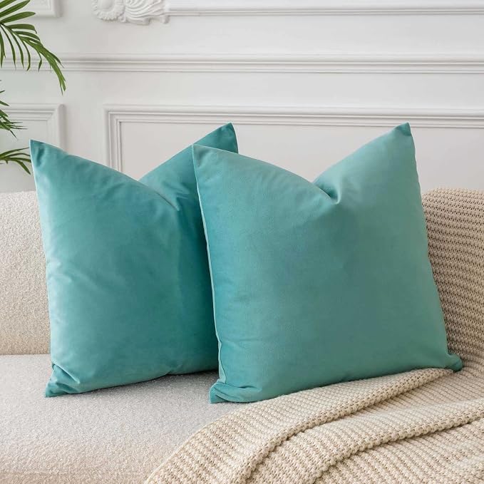 16x16 Velvet Throw Pillow Covers Set of 2 for Couch Sofa Bed,Teal Green