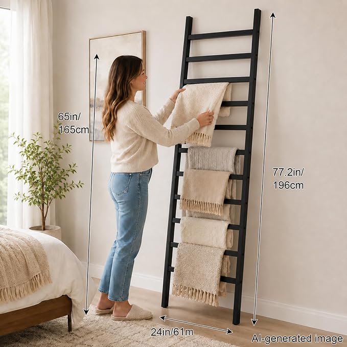 FUIN Blanket Ladder, 24 in Wide 11-Rung Solid Wood Rustic Decor Rack, Black | 11 rungs and 24in wide, Solid wood visible grain, Angled lean-to design, Anti-slip support, Living room and bathroom use