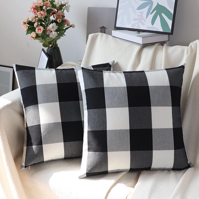 Buffalo Check Plaid Pillow Covers Farmhouse 18 x 18 Throw Pillow Covers Decorative Outdoor Throw Pillows for Couch Sofa Bed Christmas Home Pack of 2 Black and White