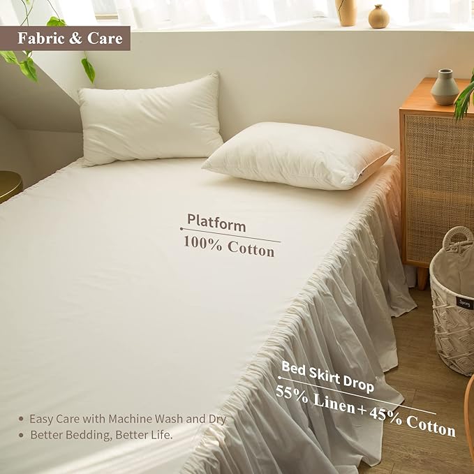BISELINA French Linen Bed Skirt with Pleated Frills 18-Inch Tailored Drop Natural Flax Cotton Blend Dust Ruffle Soft Cozy Farmhouse Bedding (18" Twin, Ruffle White)