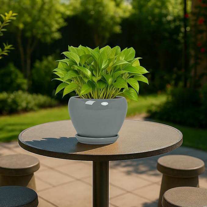 Deep Dream 6 Inch Plant Pots- Ceramic Planter Pot with Drainage Hole and Saucer, Round Flower Pot for Indoor Outdoor Succulent, Snake Plants and Cactus, Grey