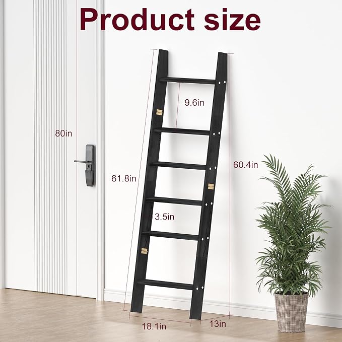 HONEST OUTFITTERS Blanket Ladders for The Living Room, 6-Tier Blanket Holder, Wall-Leaning Blanket Rack, Ladder Shelves, Wooden Quilt Ladder, Farmhouse Decor, Black