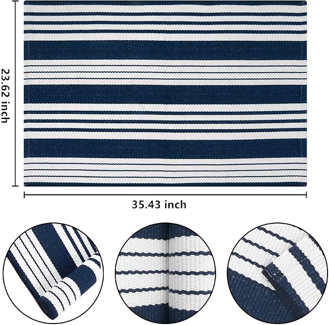 Blue and White Striped Doormat 24"x35"Washable Farmhouse Front Porch Rug | Cotton Bend with Woven Construction, Easy-care Fabric, Gentle Machine Wash and Air Dry