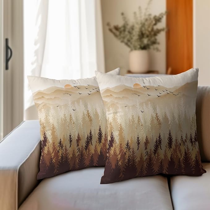 Fall Misty Forest Throw Pillow Covers 18x18 Inch Set of 2 Brown Mountain Woodland Decorative Pillow Cases Nature Pine Trees Farmhouse Cotton Linen Square Cushion Cover for Home Sofa Couch Bed Patio
