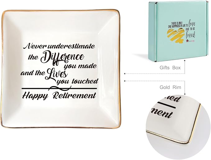 HOME SMILE Retirement Gifts for Women-Ceramic Ring Dish Jewelry Tray-Happy Retirement Appreciation Gift for Mom,Coworkers, Boss,Friends,Nurse,Teacher-Never Underestimate the Difference You Made