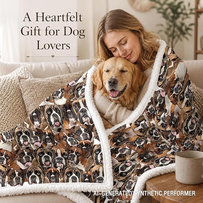 BlessLiving Throw Blanket, Brown Dog Animal Gift, 60x80 in | sherpa fleece fabric, Boxer Dense Pet Blankets Puppy Lovers print, for couch or sofa, pet lovers, easy machine care