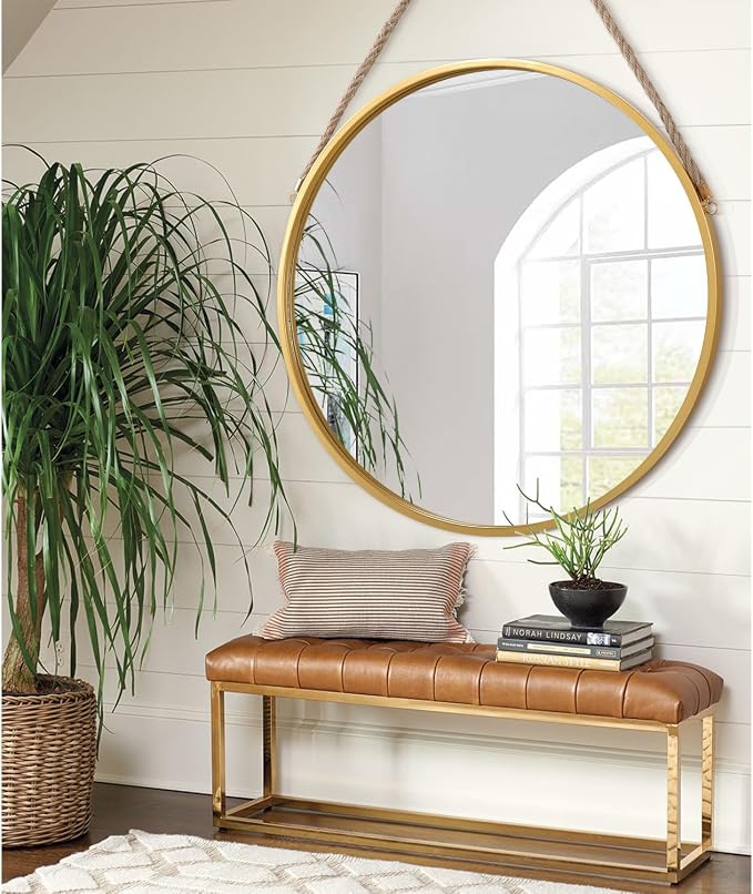 Hanging Circle Mirror Farmhouse Gold Round Hanging Wall Mirror Artistic with Rope for Bathroom Bedroom Vanity Living Room Entryway 28"