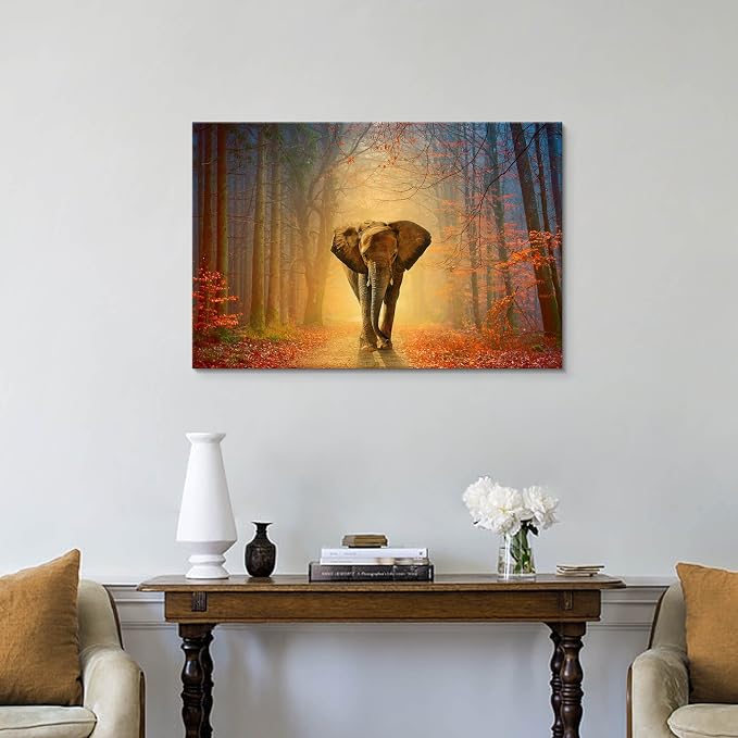 artopia Elephant Canvas Picture Walking Forest: African Wild Animal Wall Art Yellow Red Painting Autumn Nature Prints For Bedroom Living Room Decor 36x24