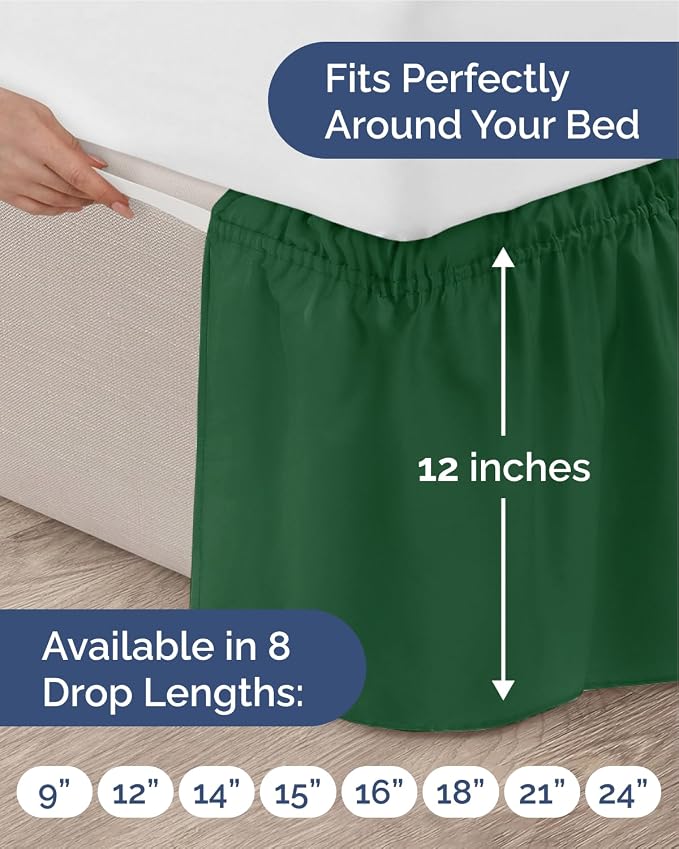 Wrap Around Dust Ruffle Bed Skirt, Queen Size - 12 Inch Drop, Emerald Green | Easy Fit Elastic Strap, Adjustable Pleated Bedskirt w/Brushed Fabric, Wrinkle & Fade Free, for Women, Men, Kids & Teens