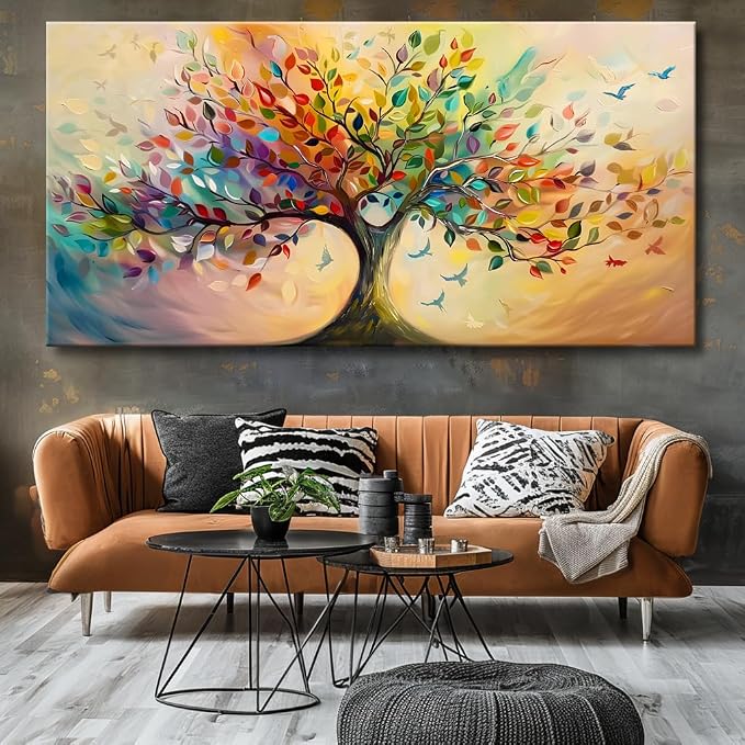 Vibrant Tree of Life Wall Art Colorful Framed Canvas Print for Living Room, Bedroom, Dining Room, or Home Office Modern Ready to Hang Decor,Nature Inspired Home Decoration - 24"x48"