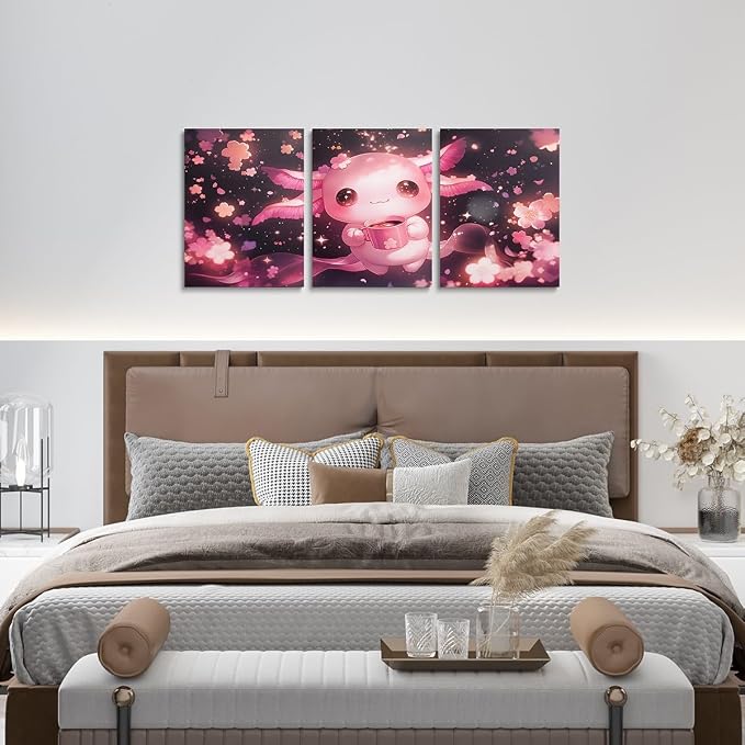 Feelyou Boys Girls Cute Axolotl Picture Wall Decor Kawaii Animal Wall Painting Posters and Prints Glitter Canvas Wall Art for Living Room Bedroom Kids Cherry Blossoms Bathroom Wall Art 12"x16"x 3Pcs