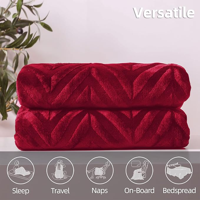Whale Flotilla Flannel Fleece Bed Blanket Queen Size, Red | Lightweight Breathable Soft Bedspread, Plush Fluffy Coverlet Chevron Design Decorative Blanket for All Season, 90x90 Inch