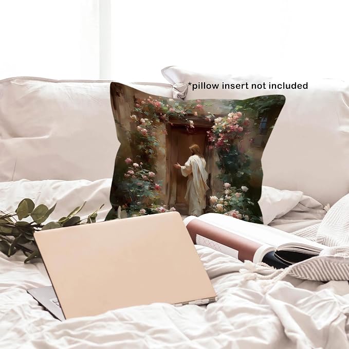 Christian Jesus Throw Pillow Covers Gifts 18x18, Vintage Religious Decor Pillow Cases for Bedroom Living Room, Cottagecore Jesus Knocking Door Decorative Square Pillowcases for Couch Bed Sofa