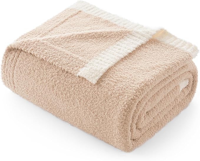 Snuggle Sac Ultra Soft Throw Blanket for Couch Bed Sofa 50x60 inches, Reversible Beige Blanket Microfiber Fluffy Fuzzy Cozy Knit Throws for Women Mothers Birthday Gifts