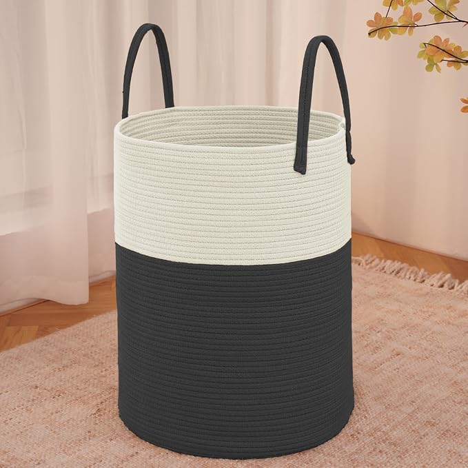 JMvicyroam 60L Cotton Rope Laundry Basket Hamper, White and Black | Collapsible laundry basket, reinforced handles, freestanding, machine washable, holds 3-5 thick blankets, clothes or toys